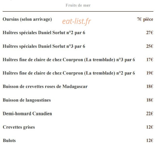 Carte et menu de L'Orangerie des Trois Roys à Rambouillet — Les fruits de mer