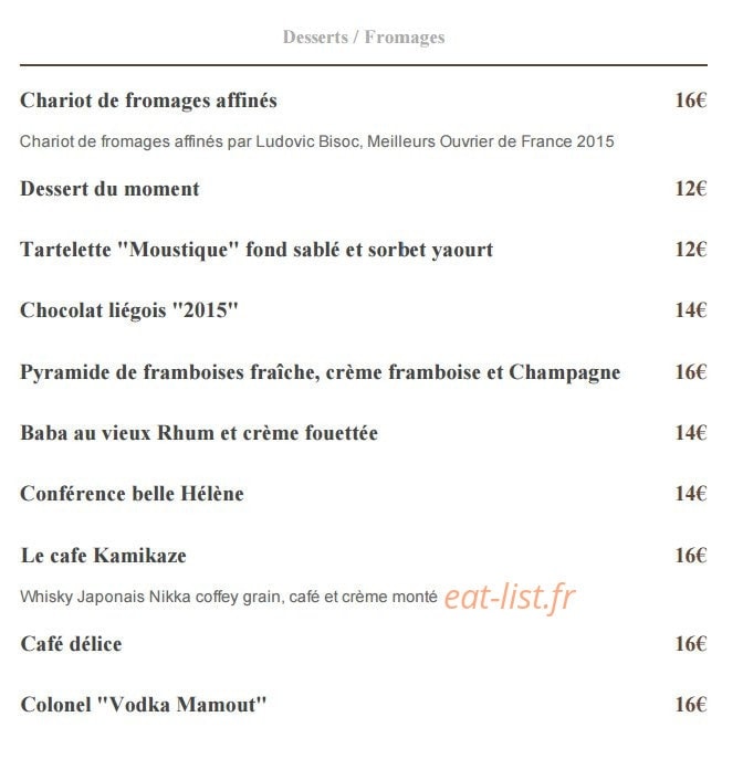 Carte et menu de L'Orangerie des Trois Roys à Rambouillet — Les desserts et fromages