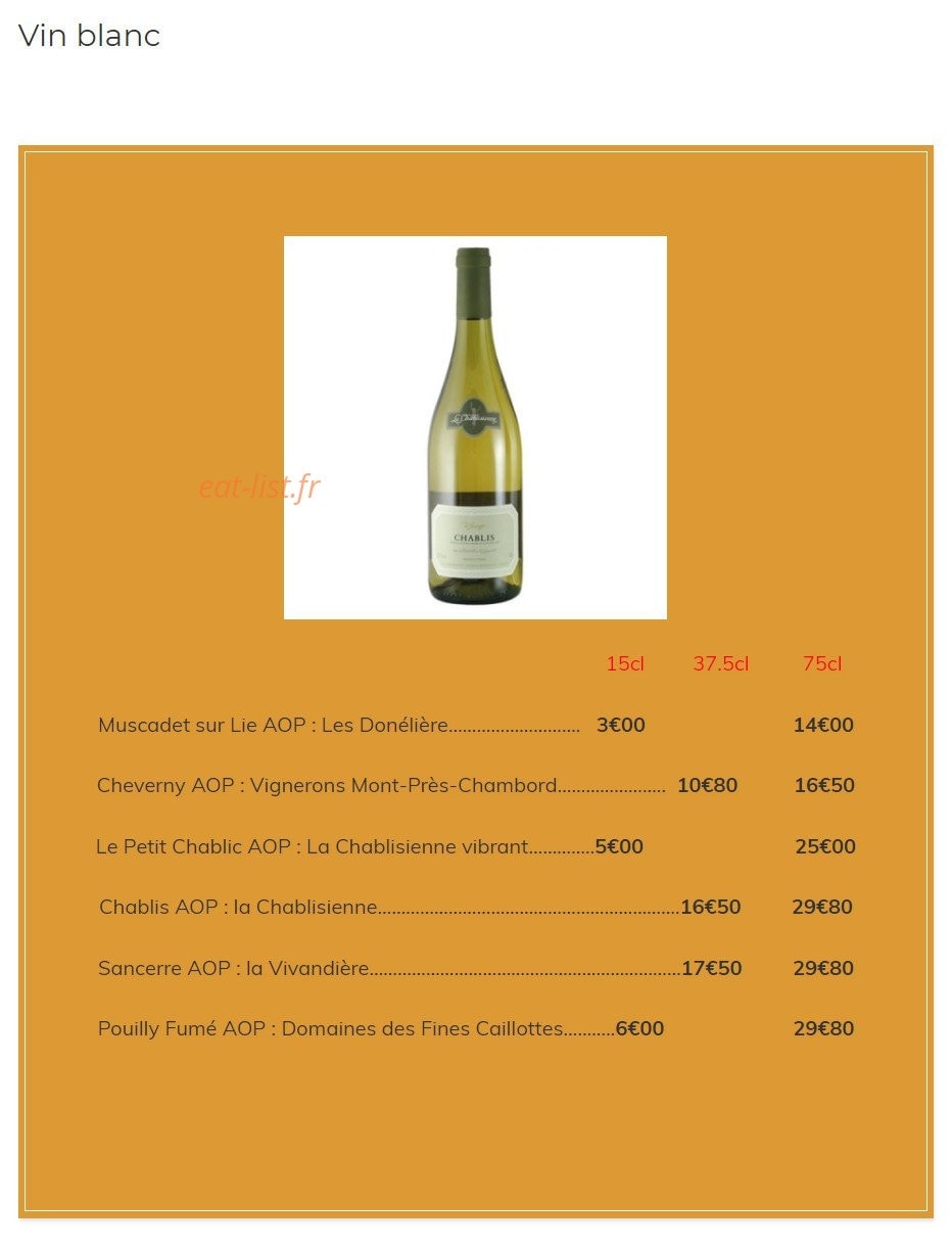 Carte et menu de Kazoko à Velizy Villacoublay — Les vins blanc