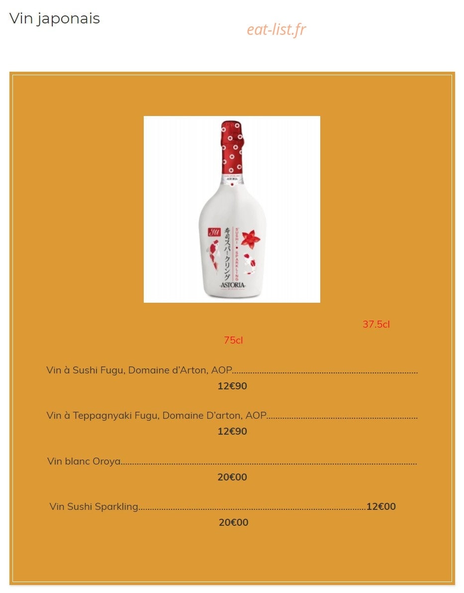 Carte et menu de Kazoko à Velizy Villacoublay — Les vins japonais