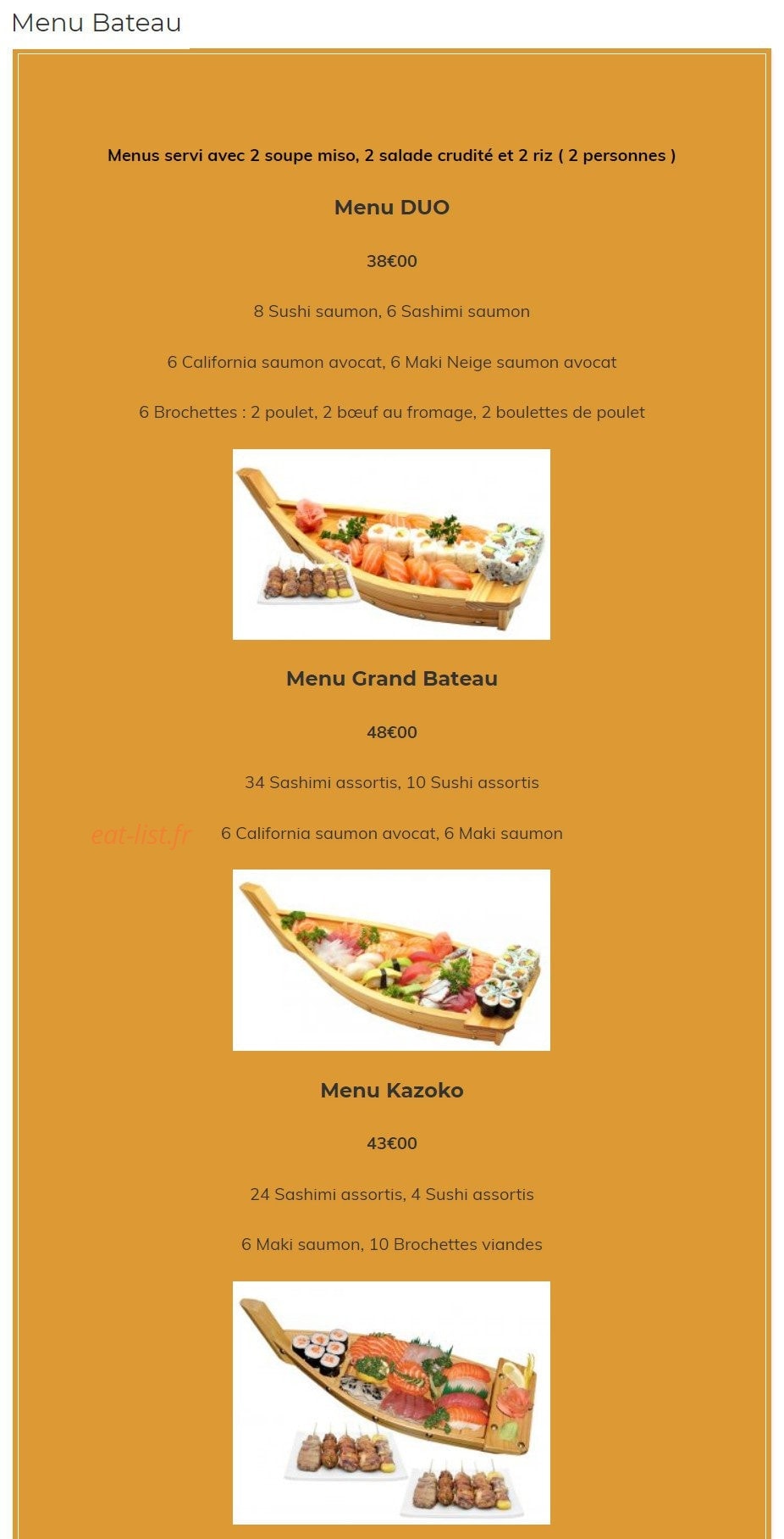 Carte et menu de Kazoko à Velizy Villacoublay — Les menus bateau