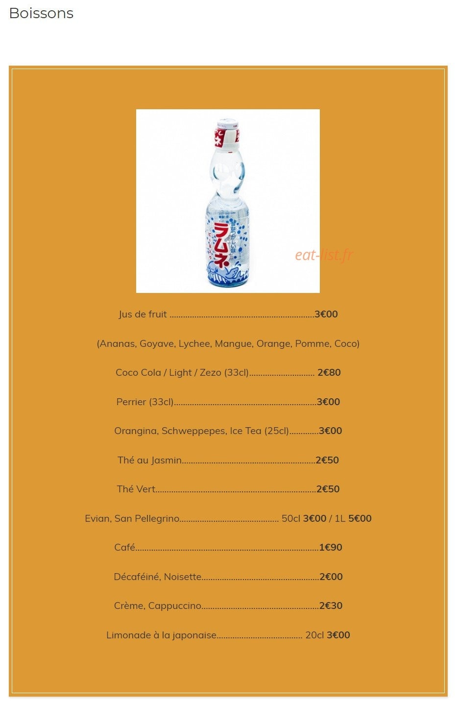 Carte et menu de Kazoko à Velizy Villacoublay — Les boissons
