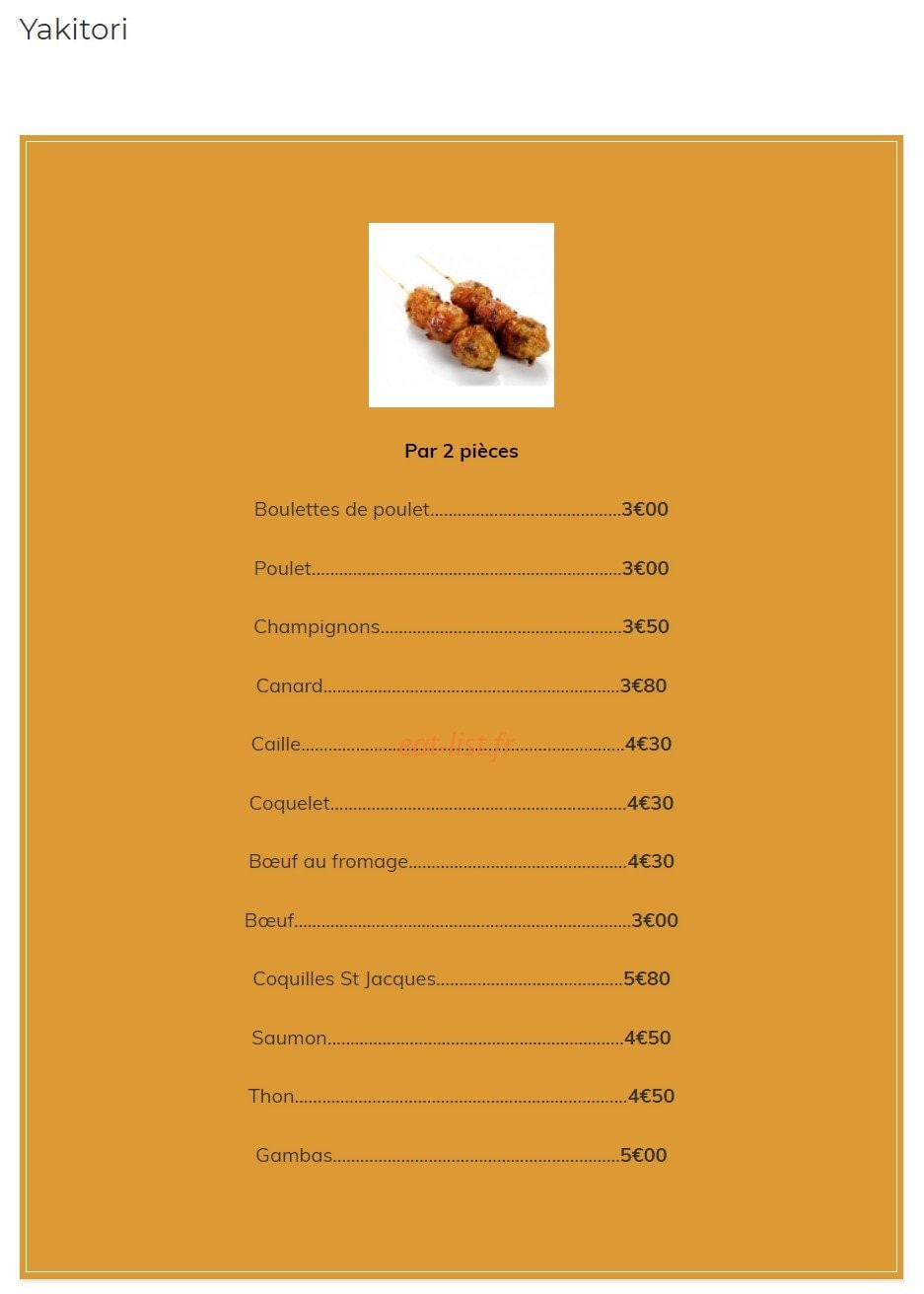 Carte et menu de Kazoko à Velizy Villacoublay — Les yakitori