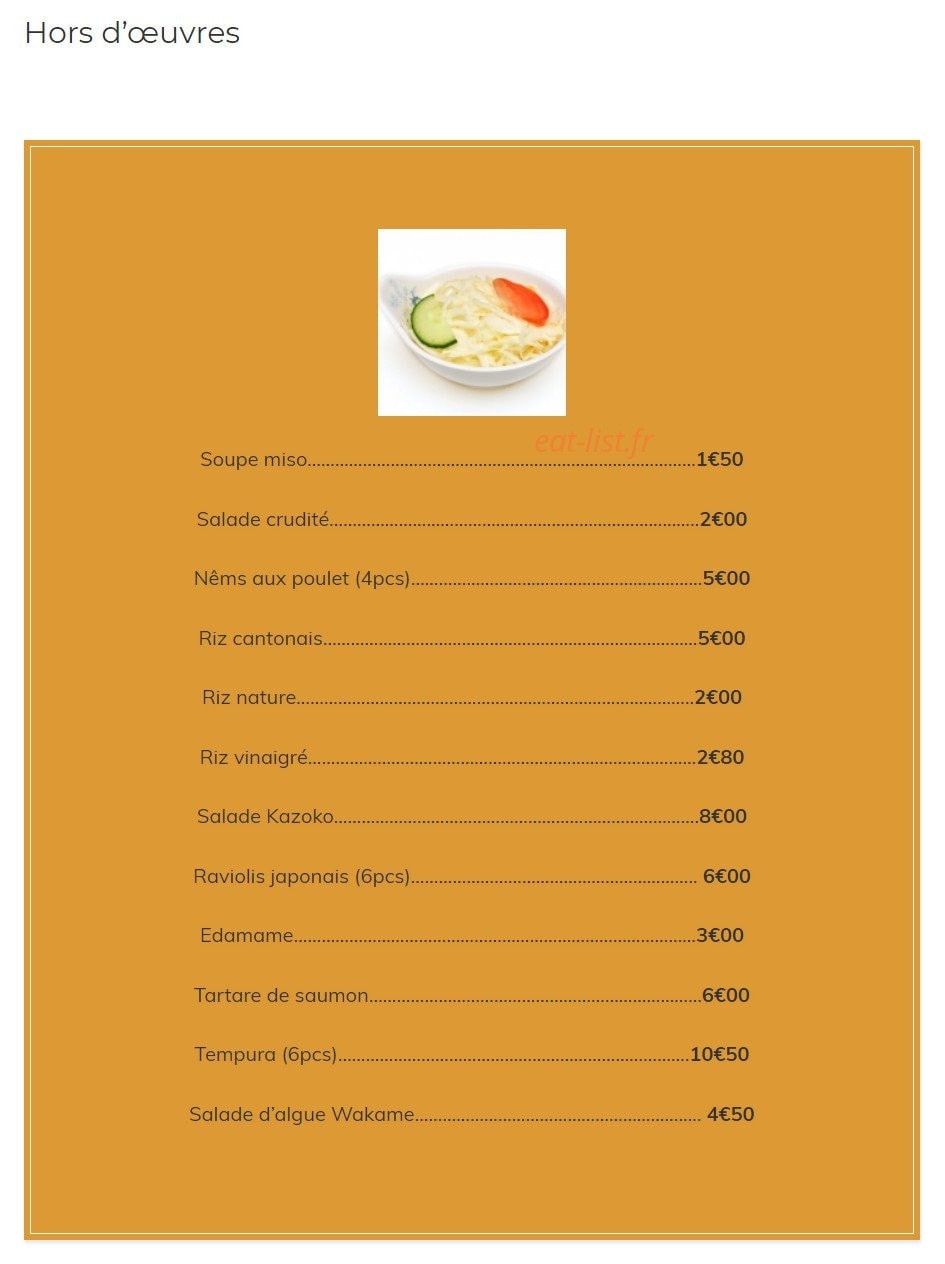 Carte et menu de Kazoko à Velizy Villacoublay — Les hors d'oeuvres