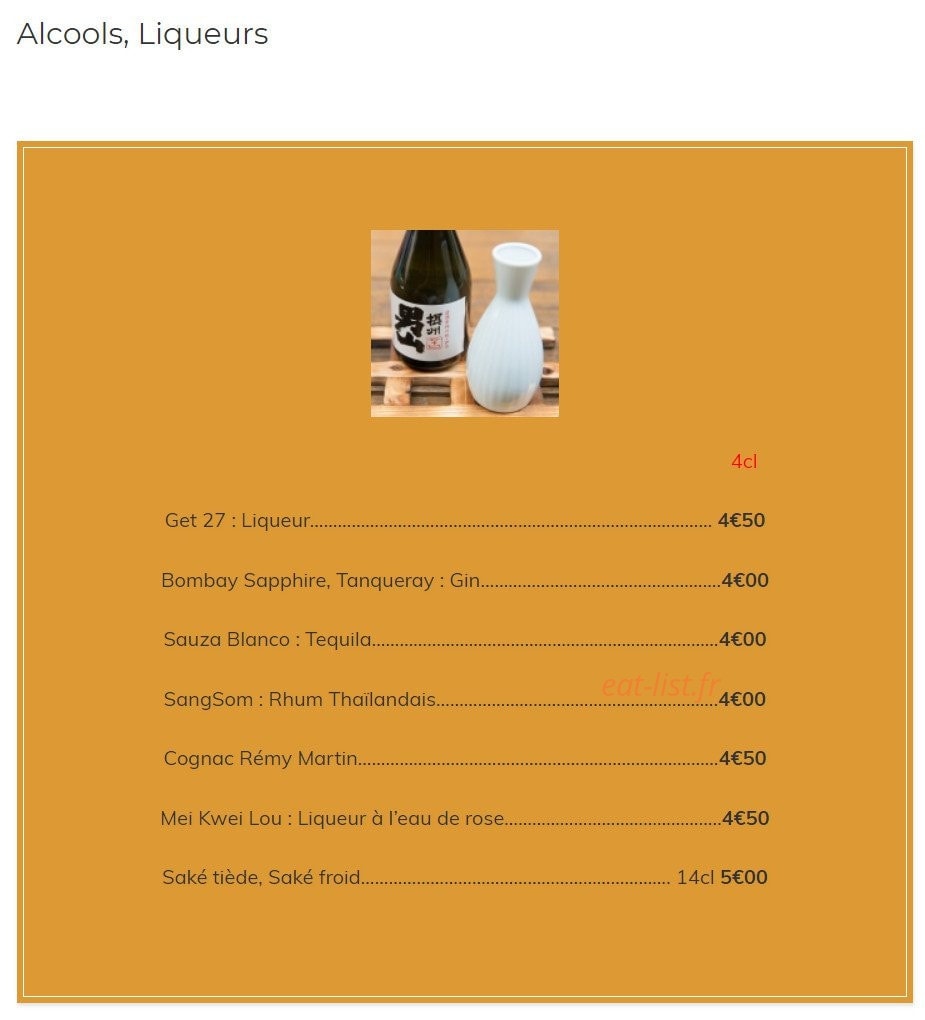 Carte et menu de Kazoko à Velizy Villacoublay — Les alcools et liqueurs