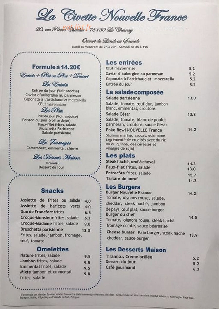 Carte et menu de Civette Nouvelle France à Le Chesnay-Rocquencourt — La carte