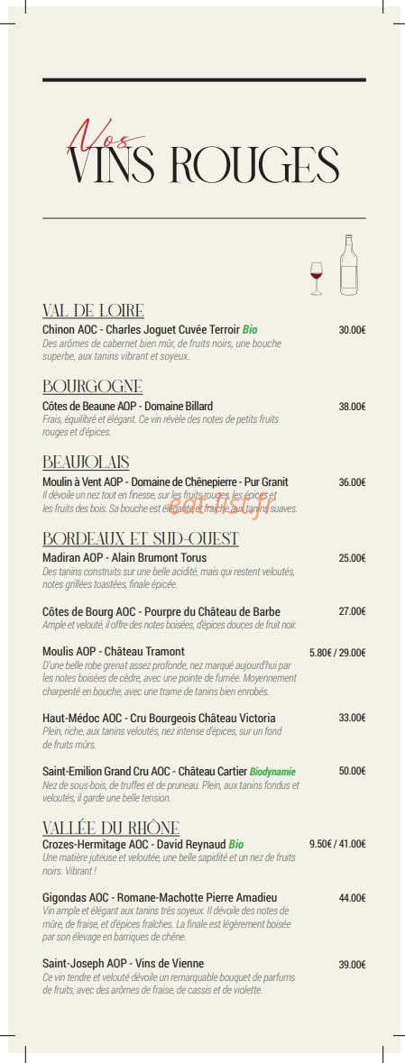 Carte et menu de The Cut grill à Le Chesnay-Rocquencourt — Les vins rouges