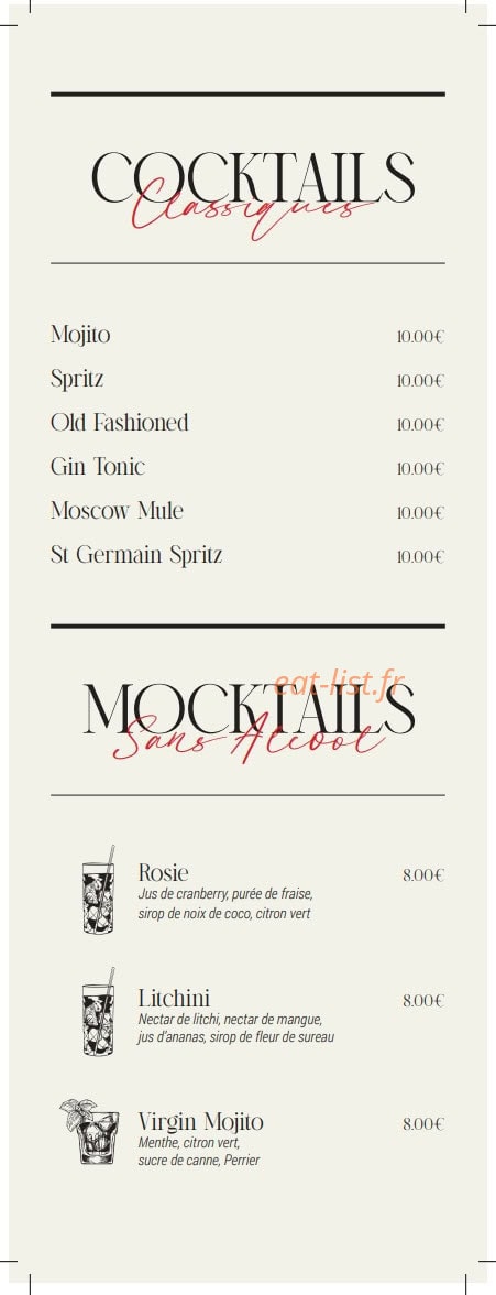 Carte et menu de The Cut grill à Le Chesnay-Rocquencourt — Les cocktails classiques et mocktails sans alcool