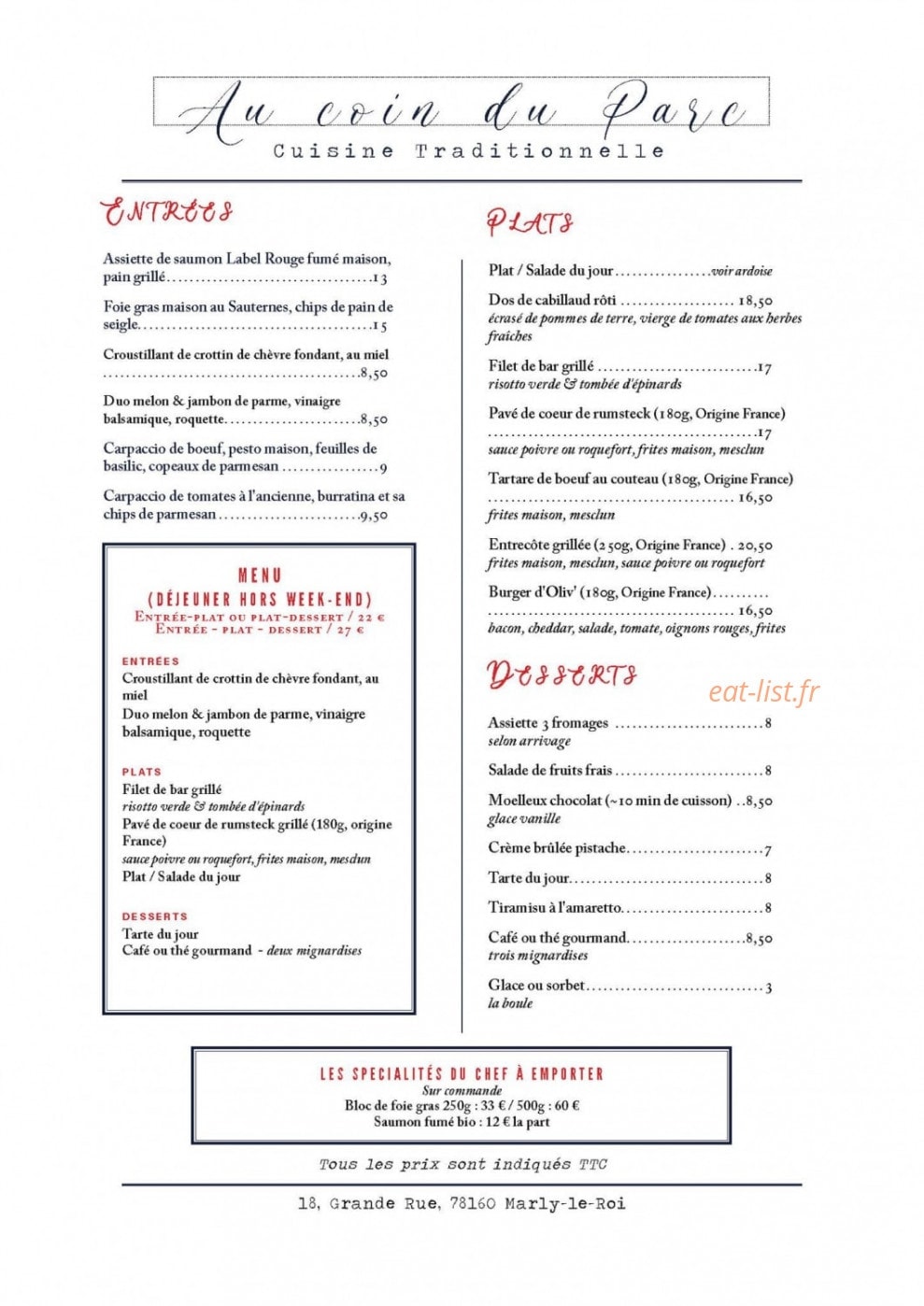 Au Coin du Parc — carte page 1
