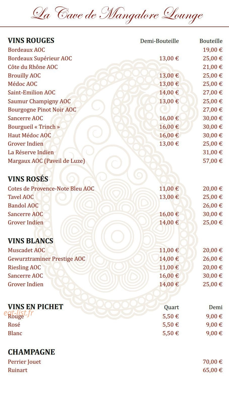 Mangalore Lounge — carte page 12