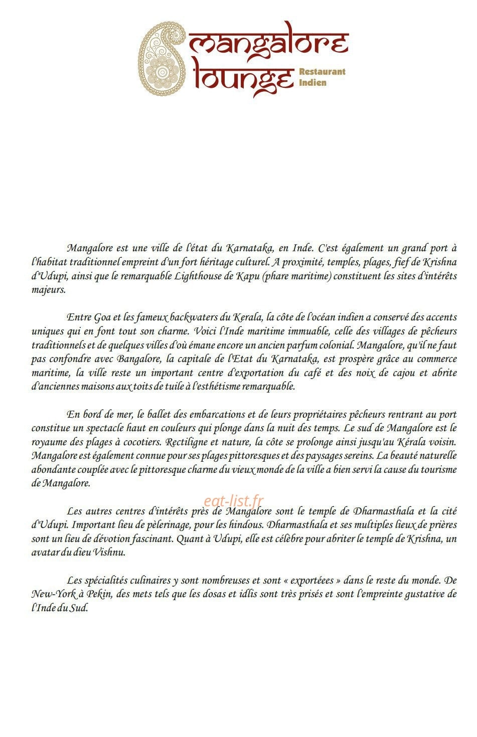 Mangalore Lounge — carte page 1