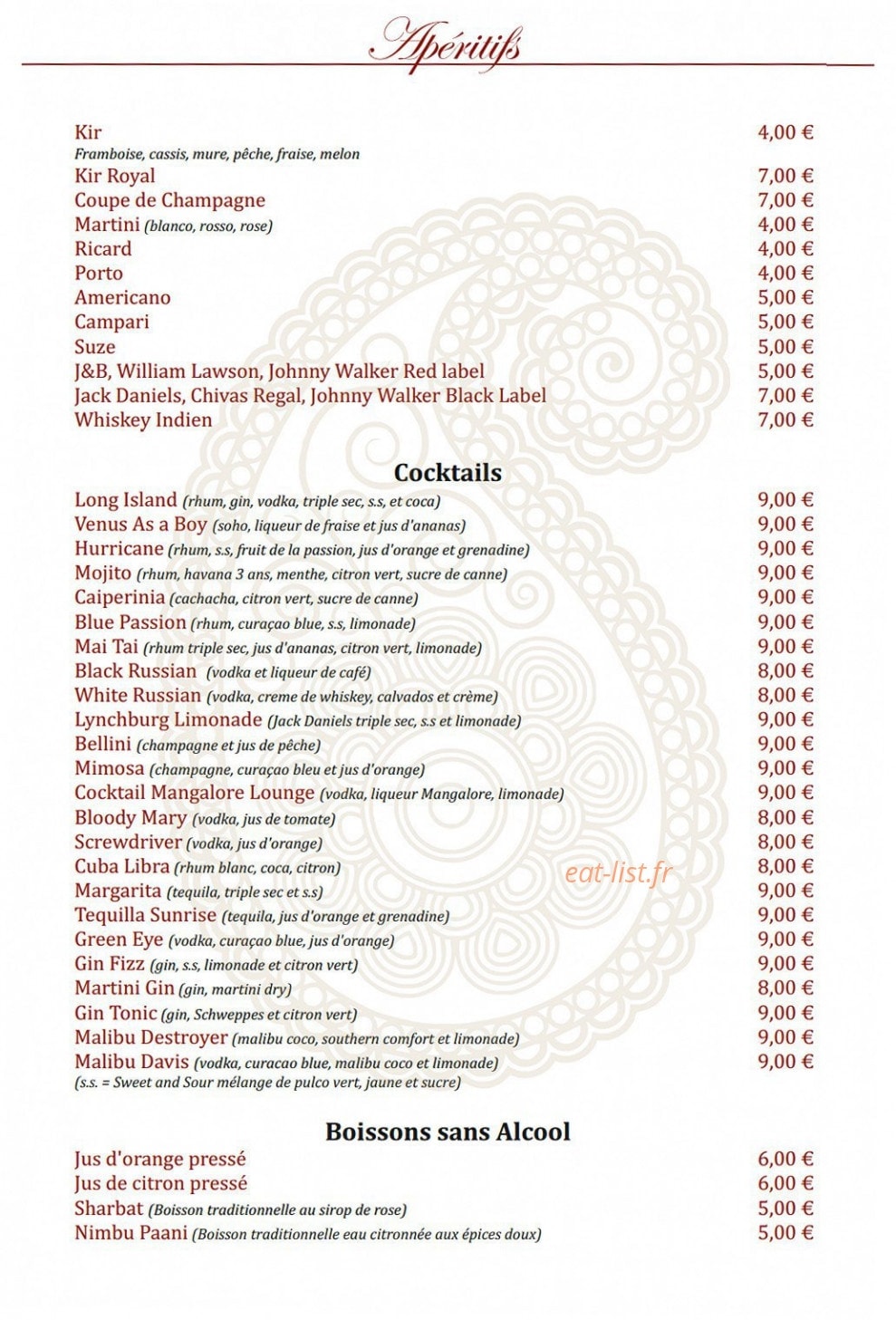 Mangalore Lounge — carte page 2