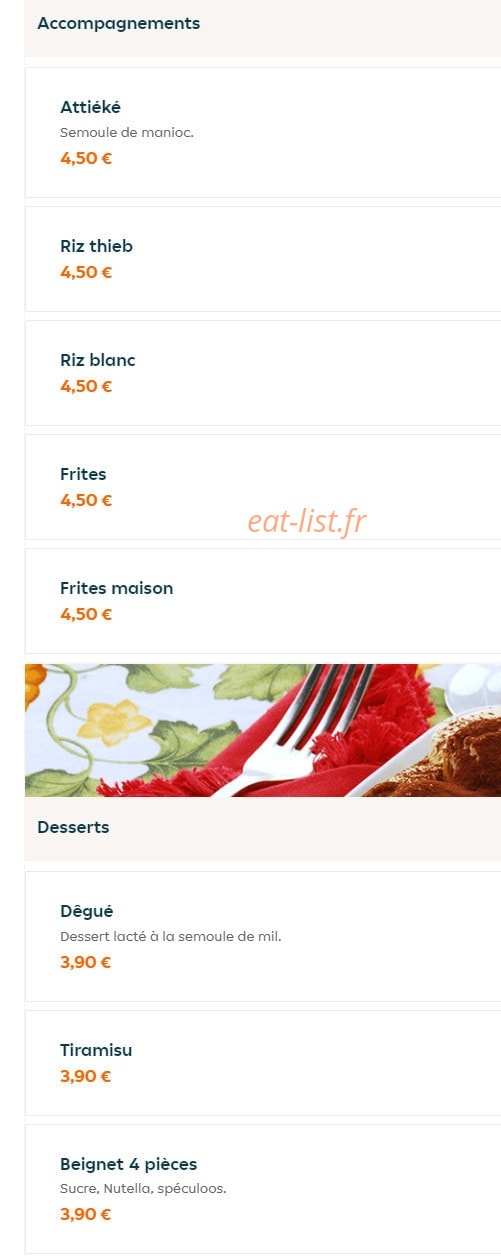 Carte et menu de Africa Sweet à Montigny le Bretonneux — Les accompagnements et desserts