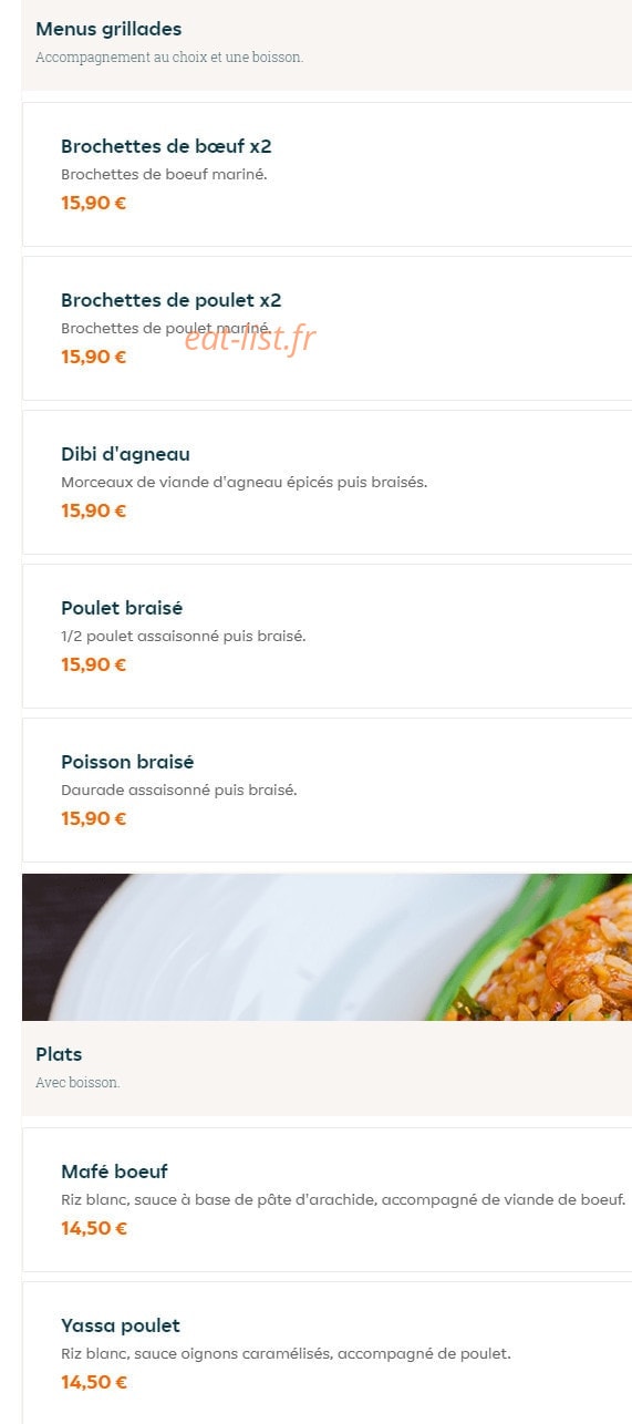 Carte et menu de Africa Sweet à Montigny le Bretonneux — Menus grillades et plats