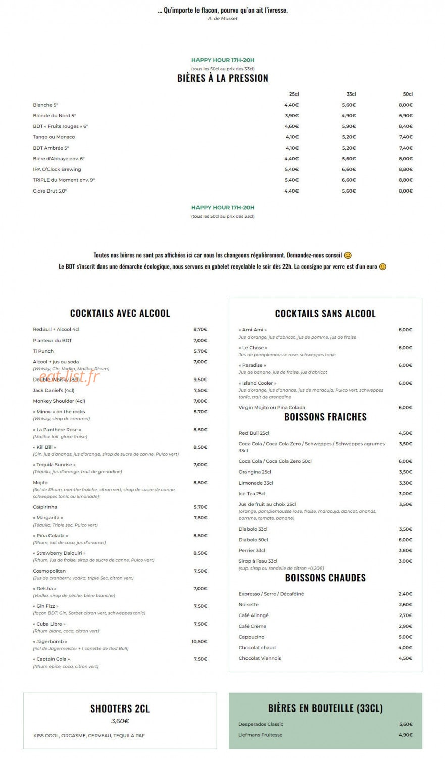 Carte et menu de Bistrot du Theatre à Montigny le Bretonneux — Les bieres