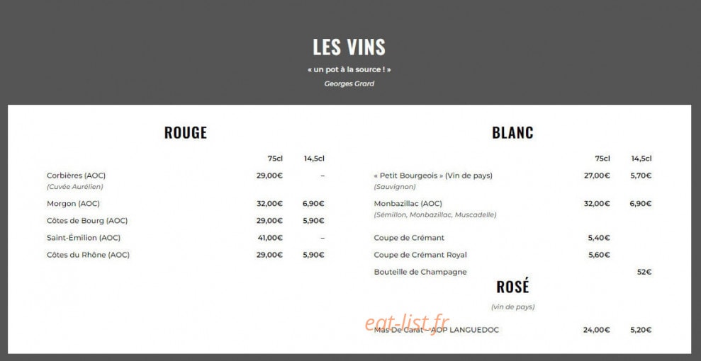 Carte et menu de Bistrot du Theatre à Montigny le Bretonneux — Les vins
