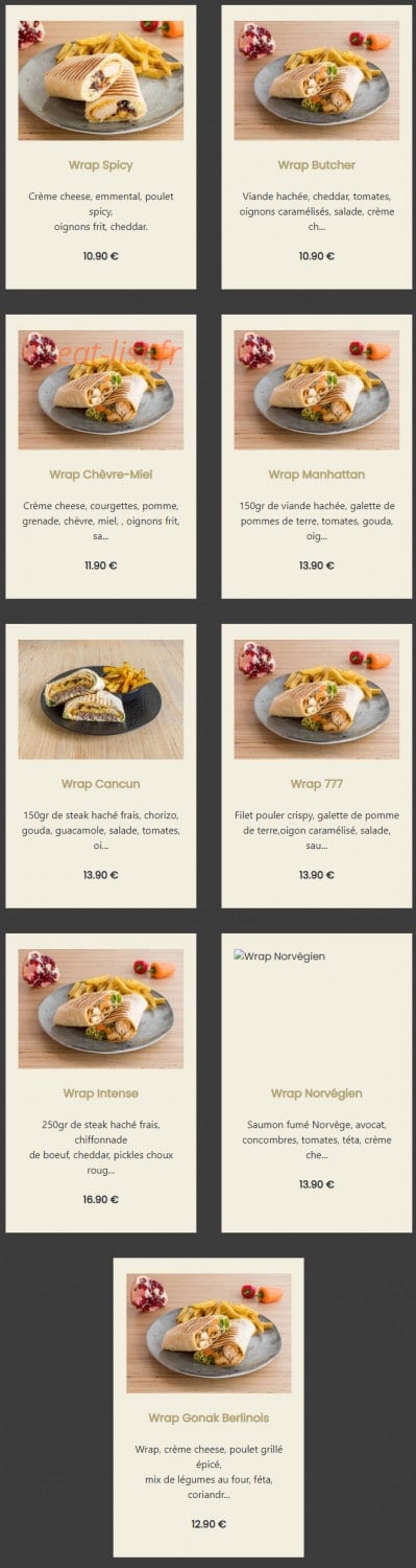 Carte et menu de GonaK l'atelier des Gourmands à Montigny le Bretonneux — Wraps signatures