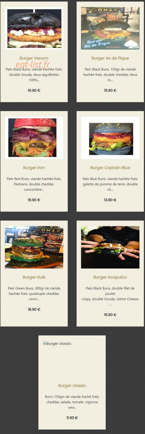 Carte et menu de GonaK l'atelier des Gourmands à Montigny le Bretonneux — Burgers gonak