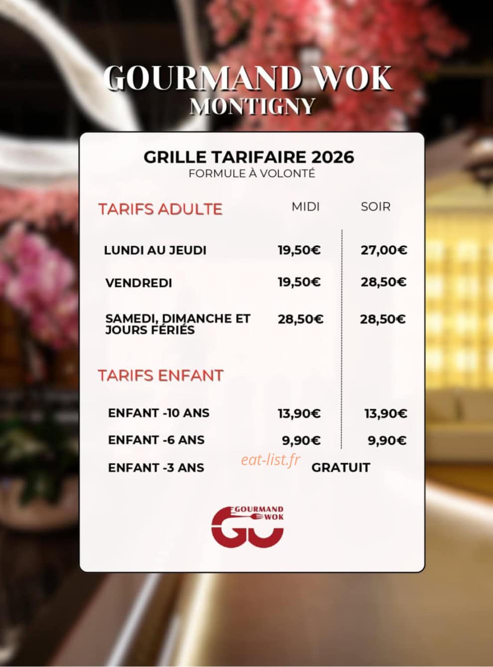 Carte et menu de Gourmand WOK à Montigny le Bretonneux — Les tarifs