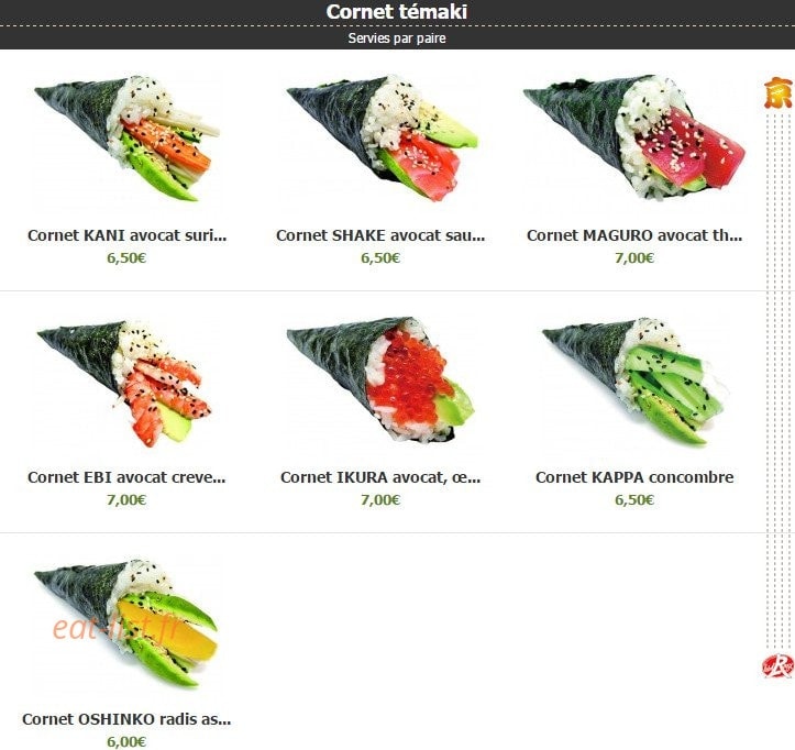 Carte et menu de Kyoto à Montigny le Bretonneux — Les cornets témaki