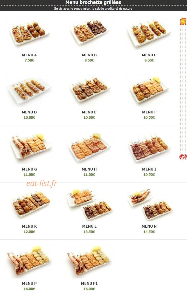 Carte et menu de Kyoto à Montigny le Bretonneux — Les menus brochettes grillées