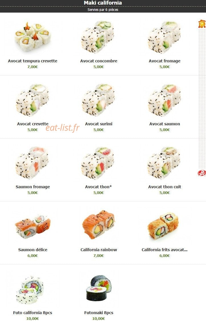 Carte et menu de Kyoto à Montigny le Bretonneux — Les makis california