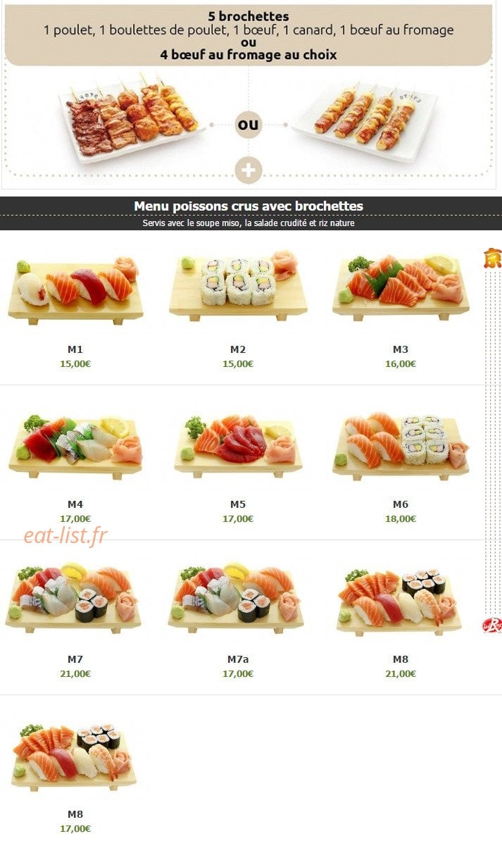 Carte et menu de Kyoto à Montigny le Bretonneux — Les menus poissons crus avec brochettes