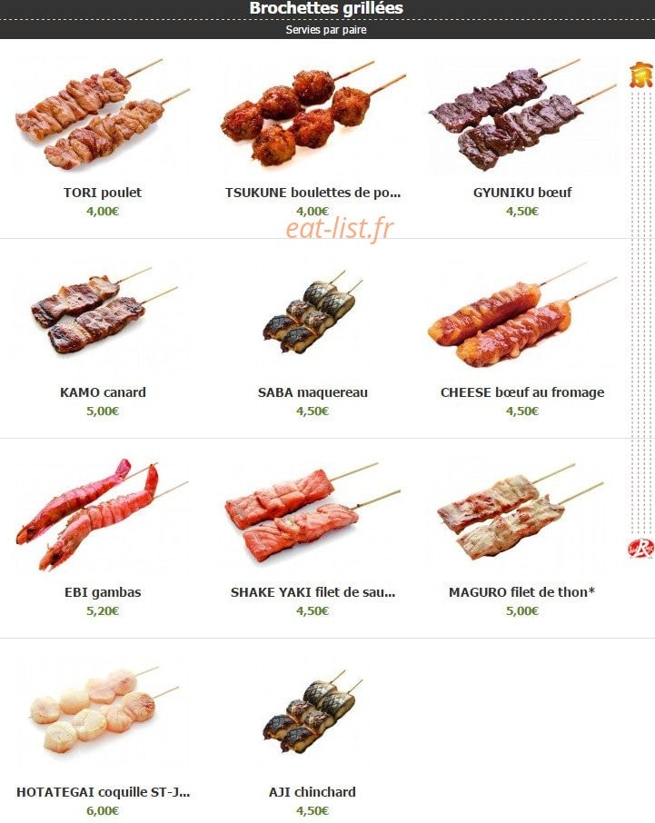 Carte et menu de Kyoto à Montigny le Bretonneux — Les brochettes grillées