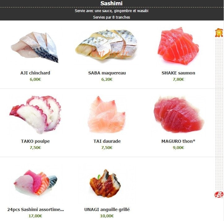 Carte et menu de Kyoto à Montigny le Bretonneux — Les sashimis