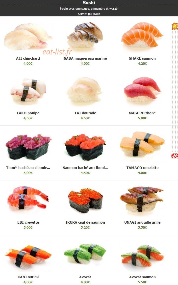 Carte et menu de Kyoto à Montigny le Bretonneux — Les sushis