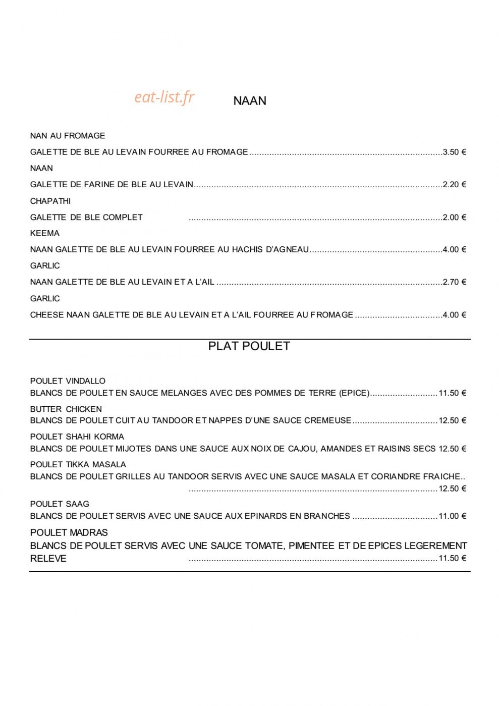 Le Bistro Indien — carte page 2