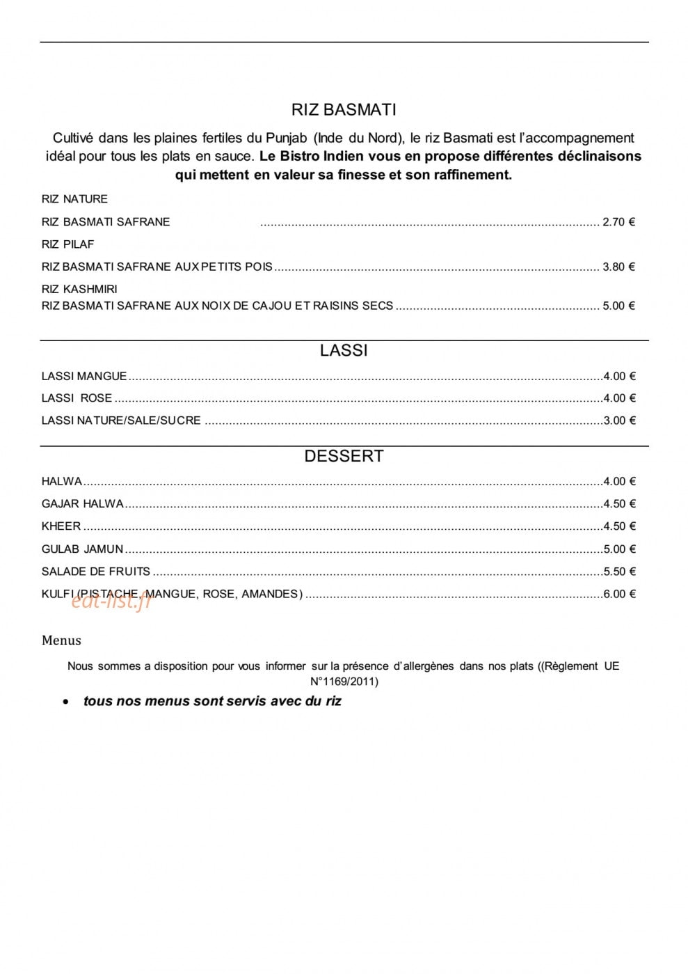 Le Bistro Indien — carte page 5