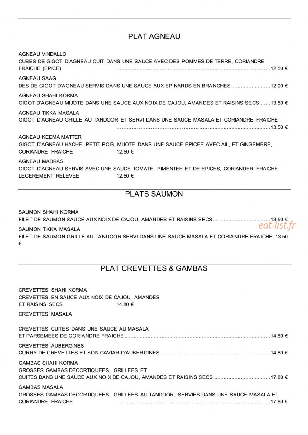 Le Bistro Indien — carte page 3