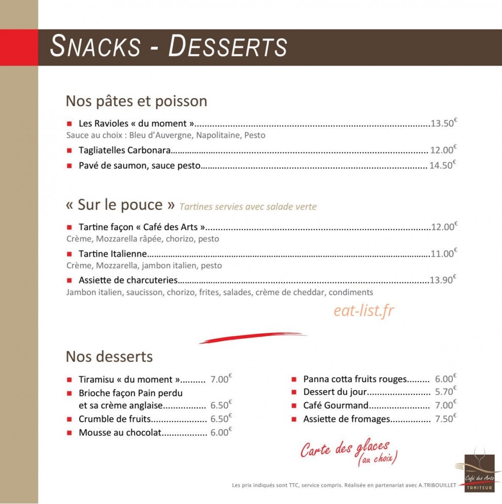 Carte et menu de Le café des arts à Montigny le Bretonneux — Snacks et desserts