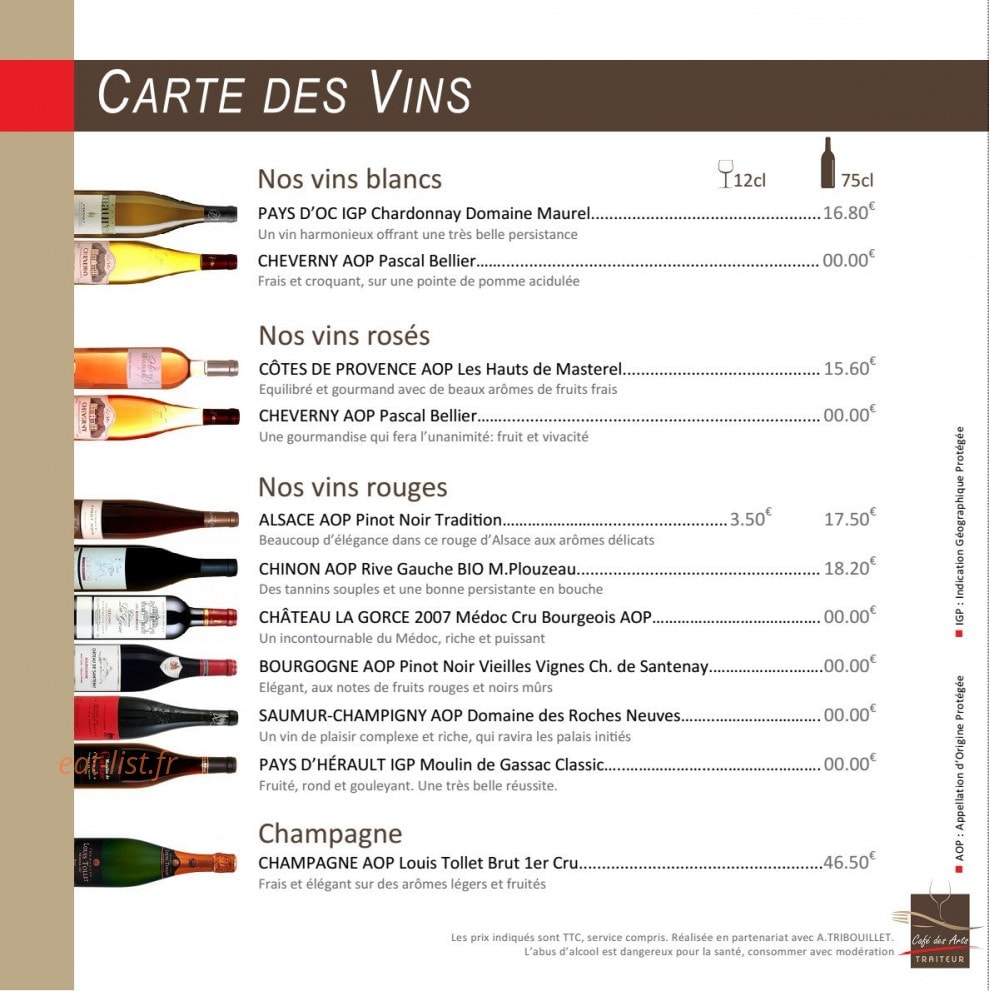 Carte et menu de Le café des arts à Montigny le Bretonneux — Carte des vins