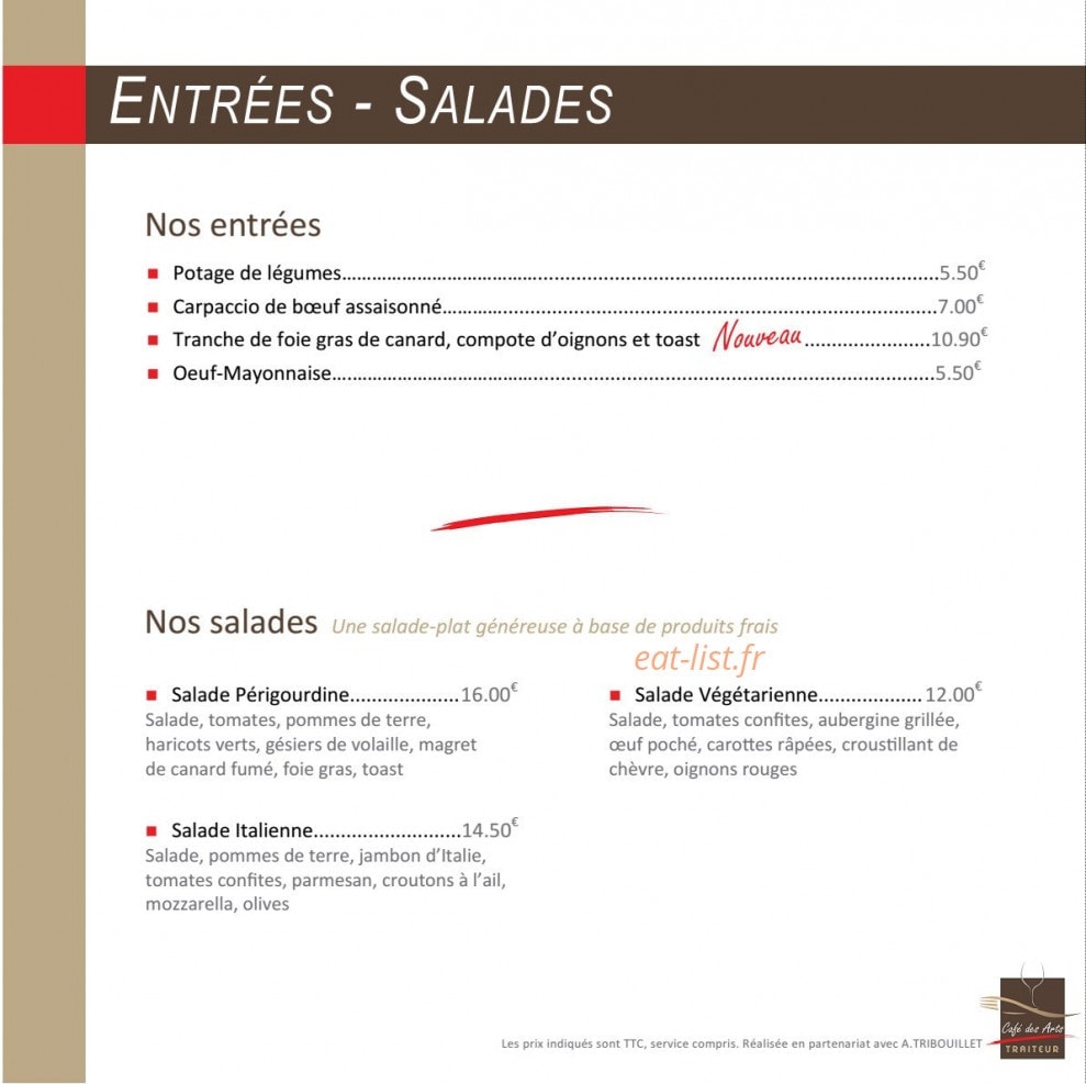Carte et menu de Le café des arts à Montigny le Bretonneux — Entrées et boissons