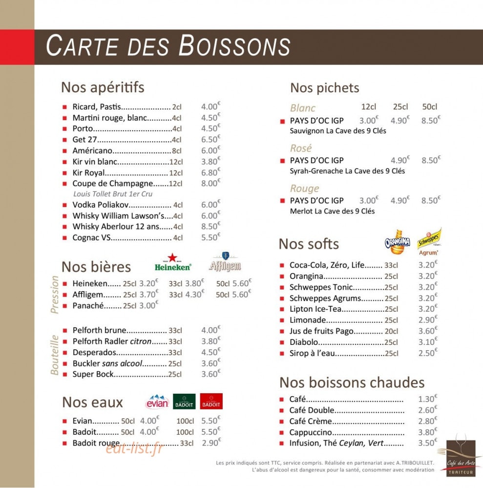 Carte et menu de Le café des arts à Montigny le Bretonneux — Carte des boissons