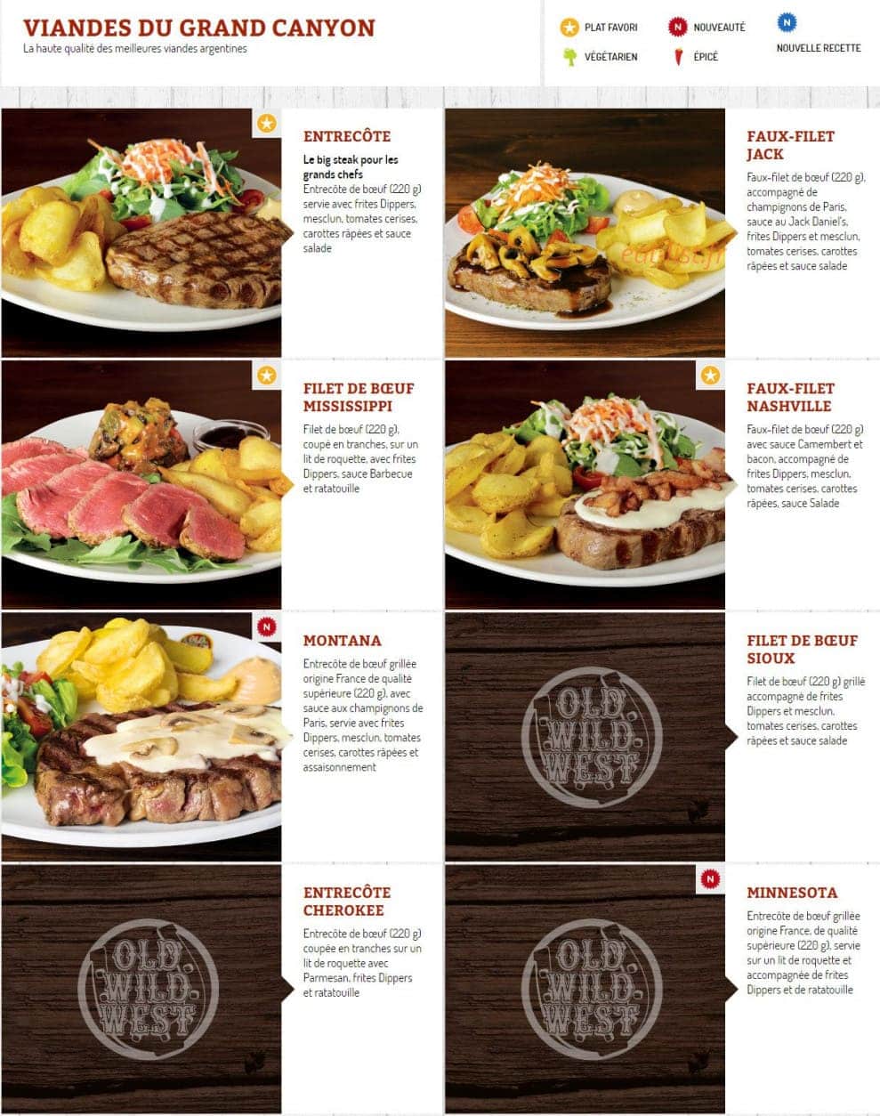 Carte et menu de Old Wild West à Montigny le Bretonneux — Viandes du grand canyon