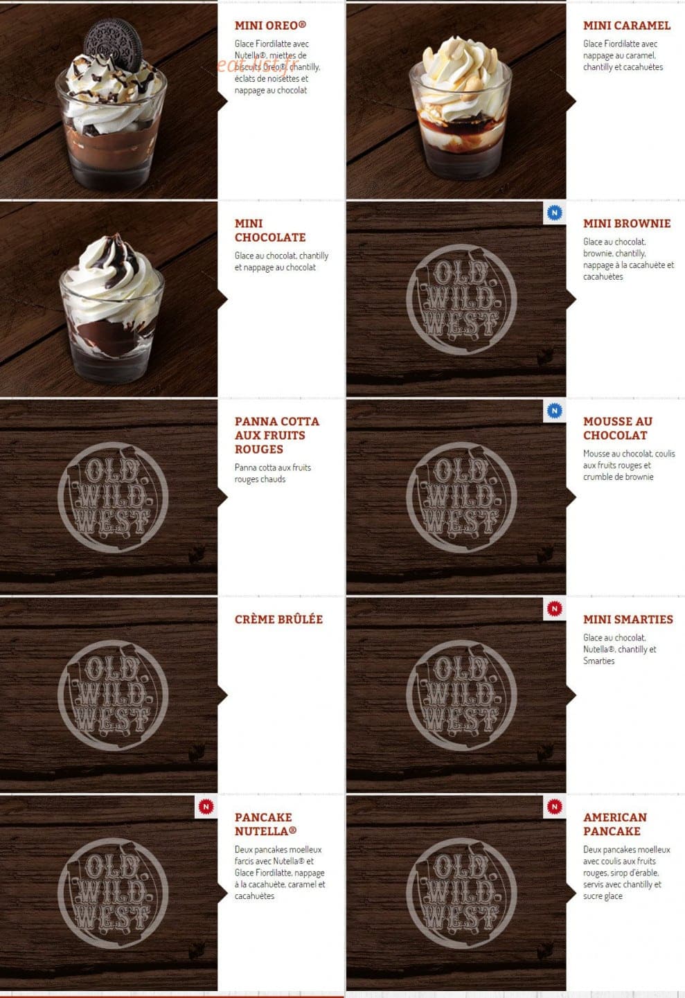Carte et menu de Old Wild West à Montigny le Bretonneux — Desserts suite