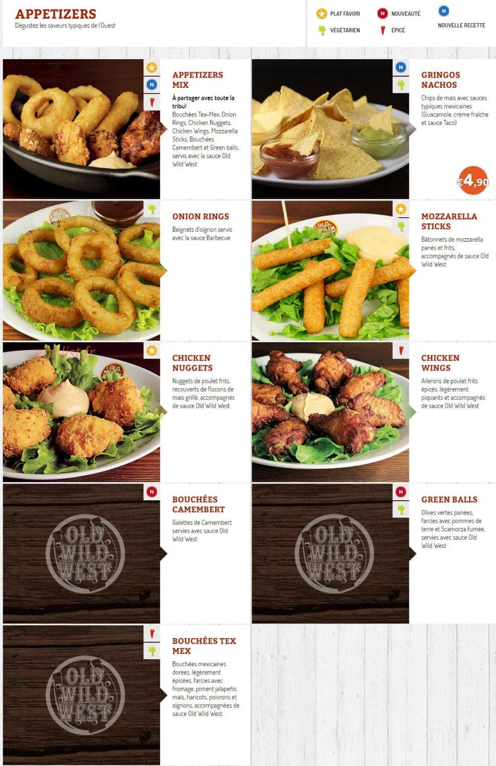 Carte et menu de Old Wild West à Montigny le Bretonneux — Appetizers