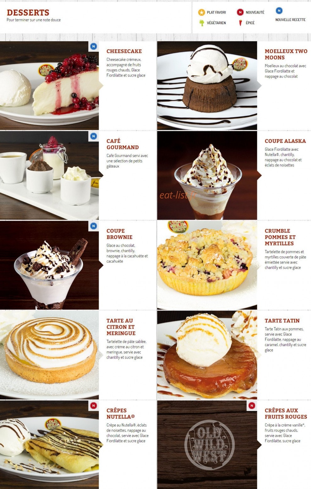 Carte et menu de Old Wild West à Montigny le Bretonneux — Desserts