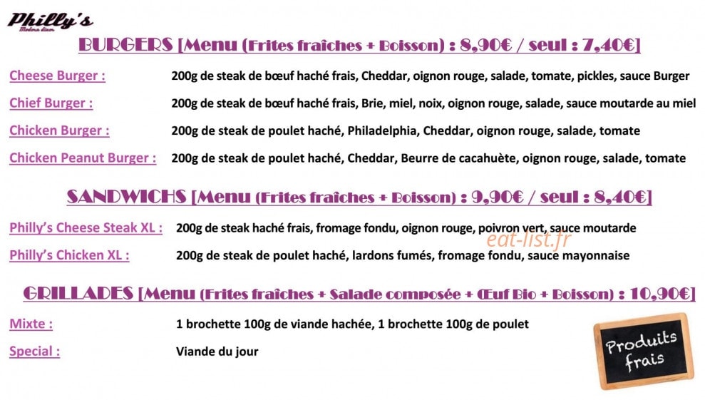 Philly's diner — carte page 1