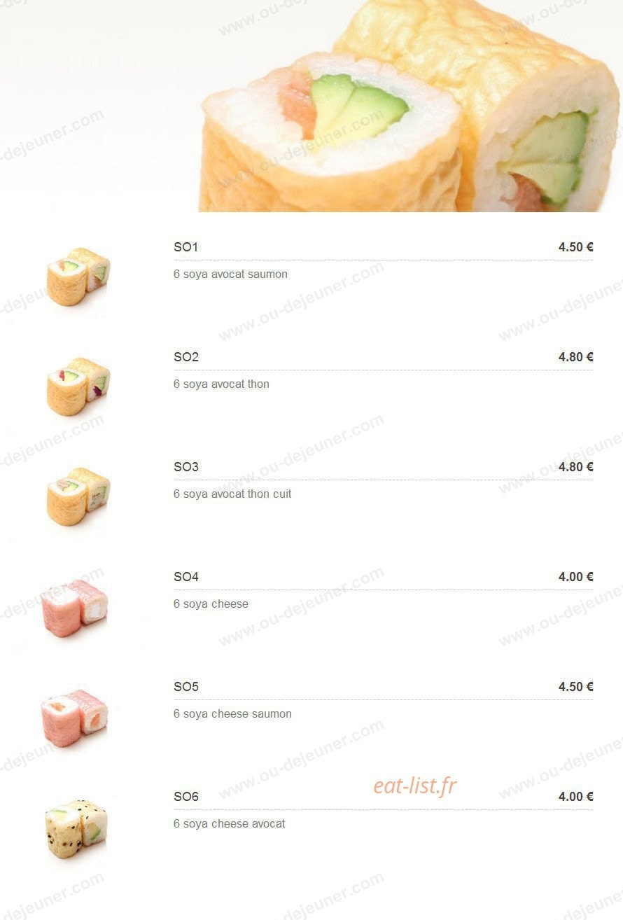 Carte et menu de Plaza Sushi à Montigny le Bretonneux — Les soyas