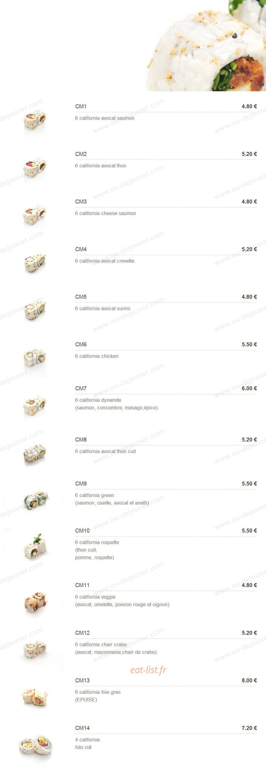 Carte et menu de Plaza Sushi à Montigny le Bretonneux — Les californias makis