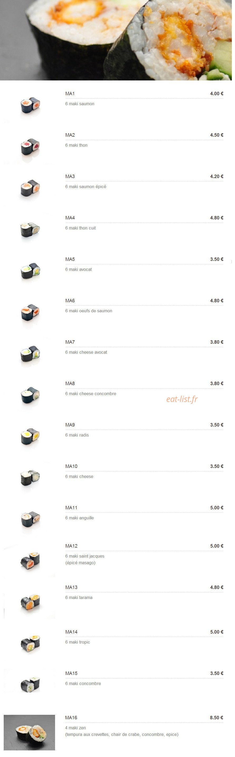 Carte et menu de Plaza Sushi à Montigny le Bretonneux — Les makis