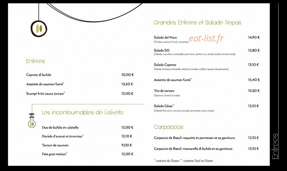 Carte et menu de Sosta Oliveto à Montigny le Bretonneux — Entrées