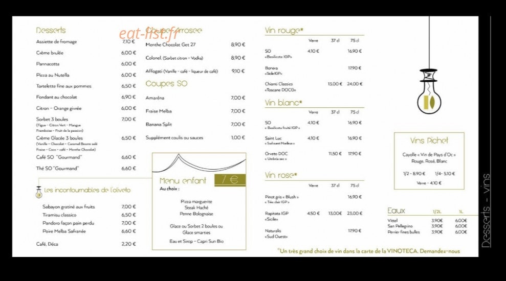 Carte et menu de Sosta Oliveto à Montigny le Bretonneux — Desserts et vins