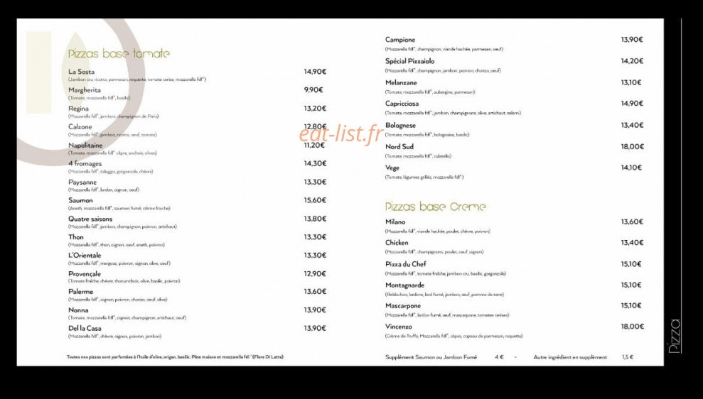 Carte et menu de Sosta Oliveto à Montigny le Bretonneux — Pizzas