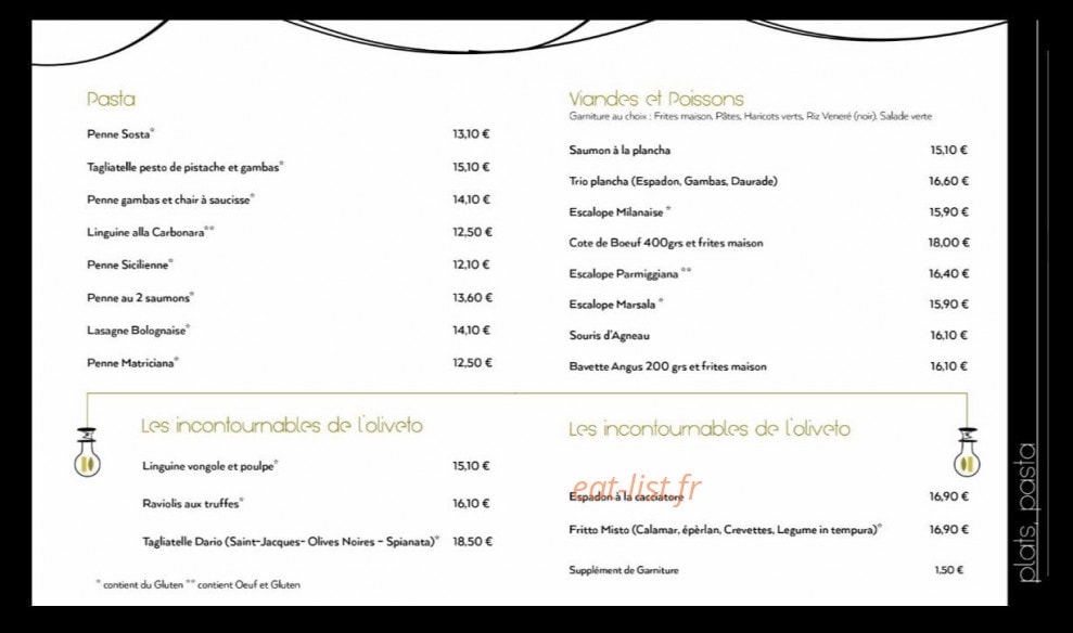 Carte et menu de Sosta Oliveto à Montigny le Bretonneux — Plats