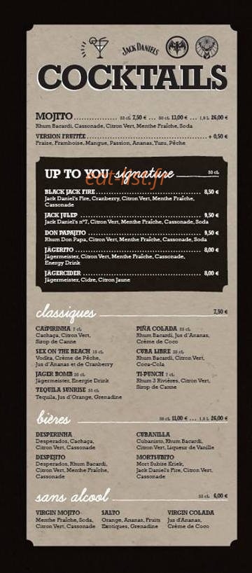 Carte et menu de Up To You à Montigny le Bretonneux — Les cocktails